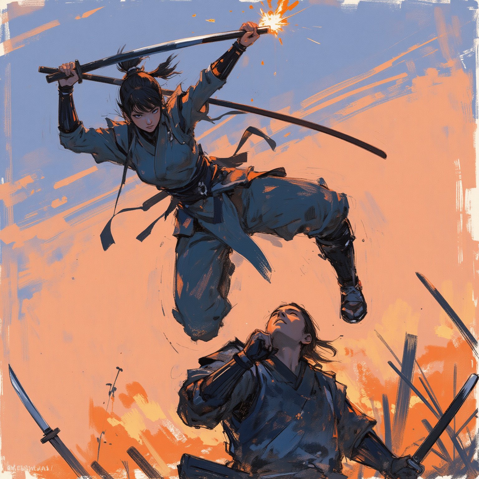 sketch painting. A shot from the ground up. A Samurai lifting his head upward. Above him, a female ninja is attacking. She holds a short dagger, The scene is illuminated by the soft glow of the setting sun