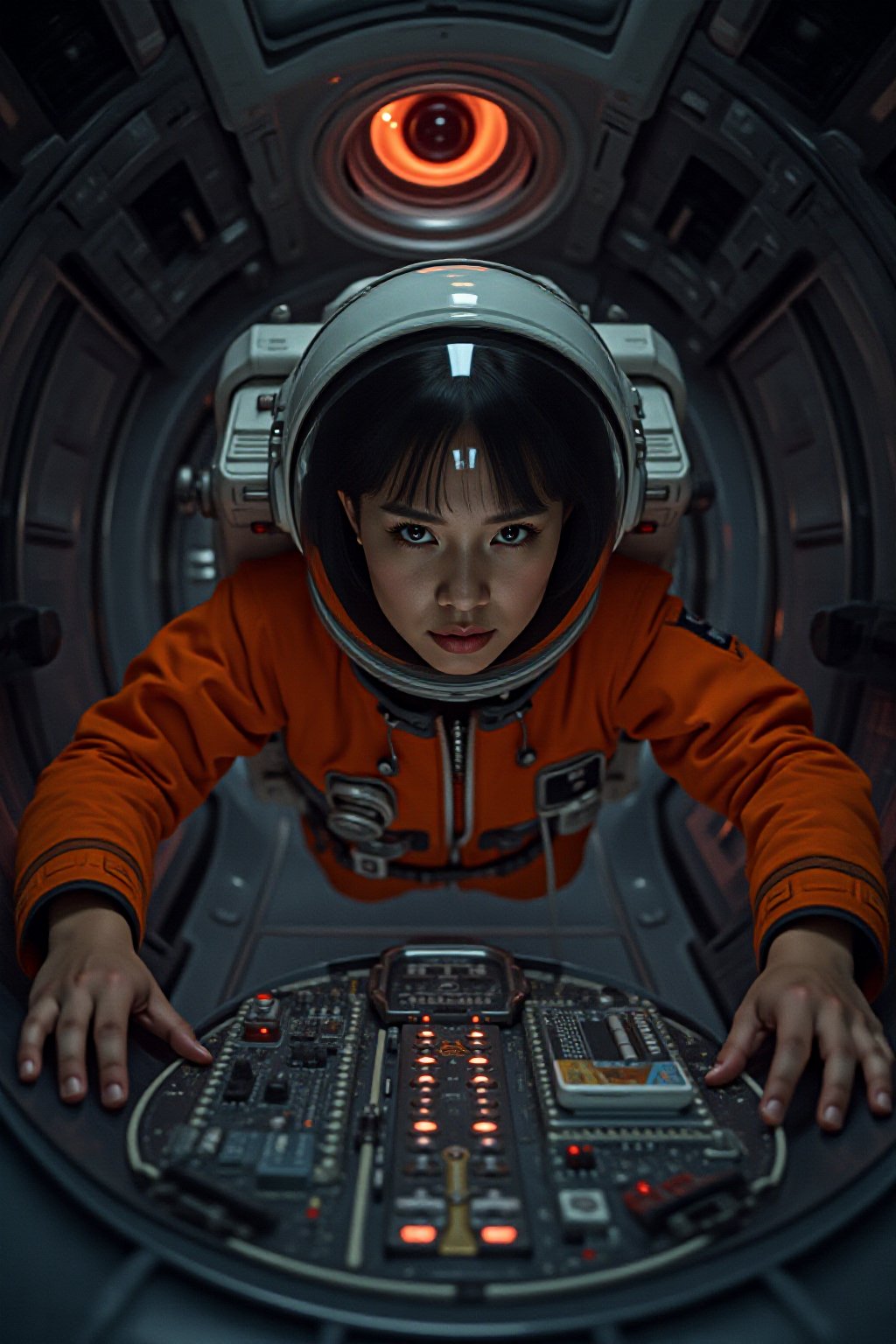 Closeup of a female astronaut, dressed in a vibrant orange space uniform, is carefully re-enacting the iconic scene from 2001: A Space Odyssey where David Bowman deactivates HAL 9000. Floating weightless Inside a sleek, futuristic spacecraft, she methodically removes the components of the HAL 9000 interface, one piece at a time. The setting is tense and sterile, with dim lighting reflecting off the metallic surfaces, capturing the eerie, unsettling atmosphere of the original scene. The astronaut’s expression is focused and determined, echoing the intensity of the moment as she disconnects each part of HAL’s circuitry. The red glow of HAL's eye slowly fades as the scene unfolds, highlighting the dramatic tension between human and machine.