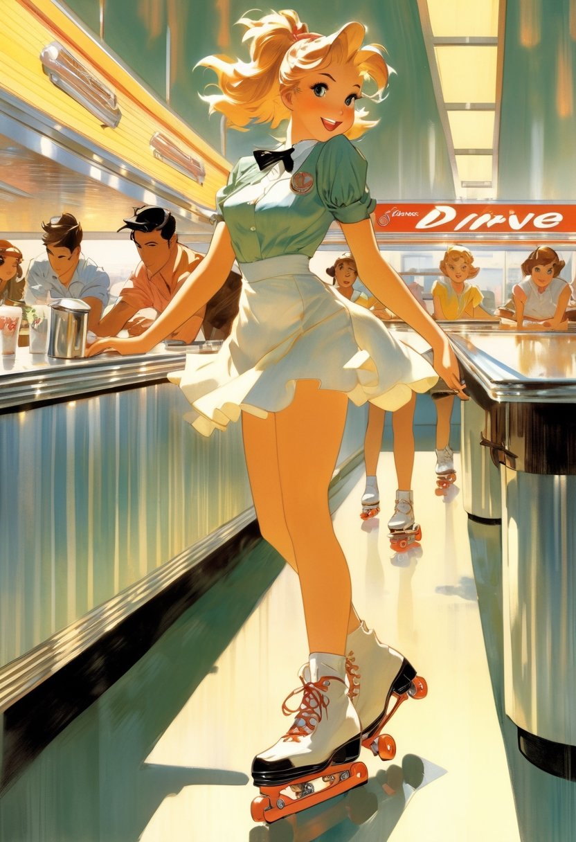 Anime artwork,  Waitress,  roller skating at drive-in diner by NowhereManGo on Tensor.Art