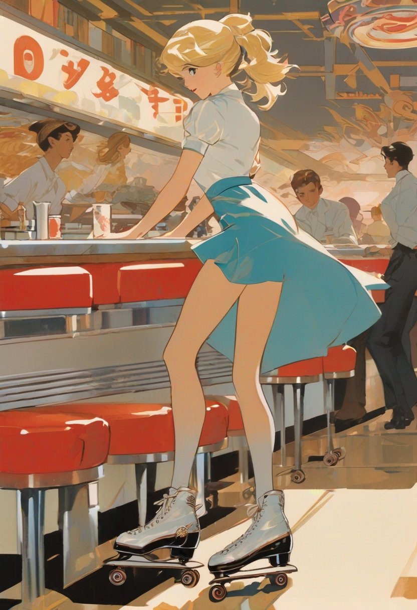 Blonde waitress,  roller skating,  drive-in diner by NowhereManGo on Tensor.Art