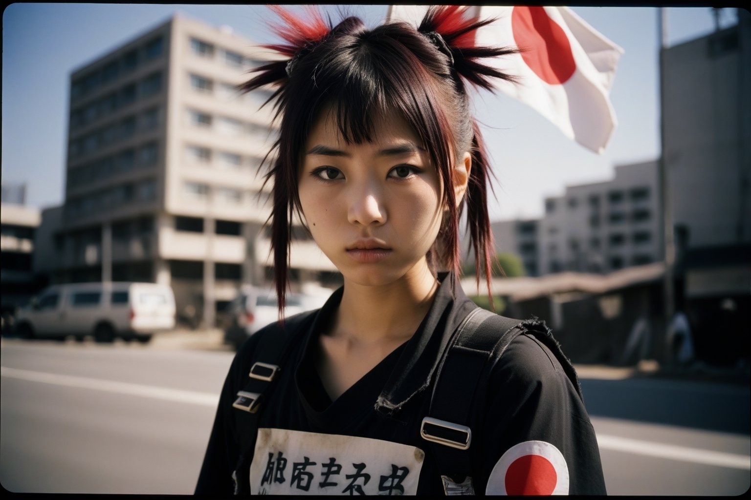 Polaroid of a 20yo Japanese woman dressed in punk clothing and is protesting war,  noon,  natural lighting. action shot by...