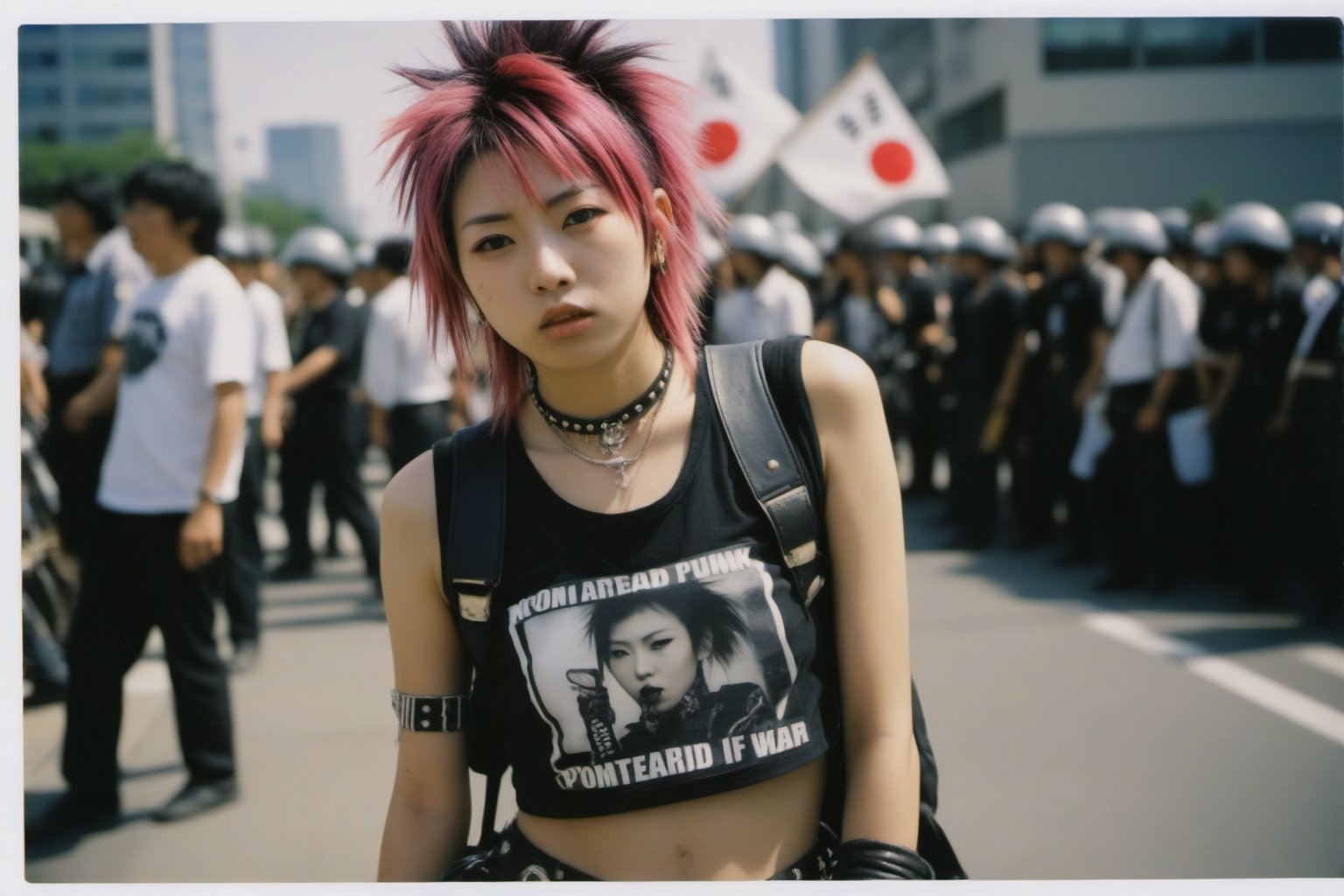 Polaroid of a 20yo Japanese woman dressed in punk clothing and is protesting war,  noon,  natural lighting. action shot by...