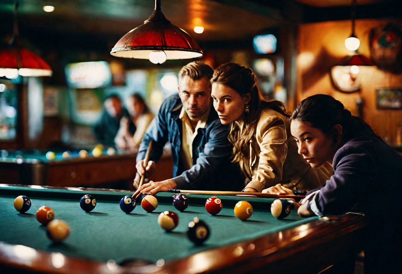 Closeup of a couple shooting pool at a local bar. Fine art photography, iconic, dynamic angle, dynamic pose, macro, photograph, sharp, focussed, Lomography Color 100, F/14, beautiful detailed supreme quality color intricate, extremely stylish, deep aesthetic, sharp focus, magnificent, dynamic dramatic composition