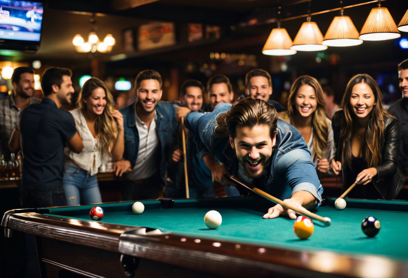 Photo. Closeup of happy crowd shooting pool at a local bar.