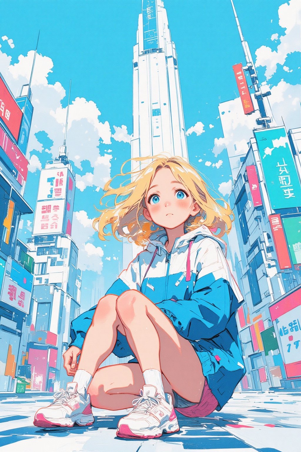 Sketch painting. lyh_niji. anime style. 1girl. A vibrant anime-style illustration of a young blonde woman sitting on the g...