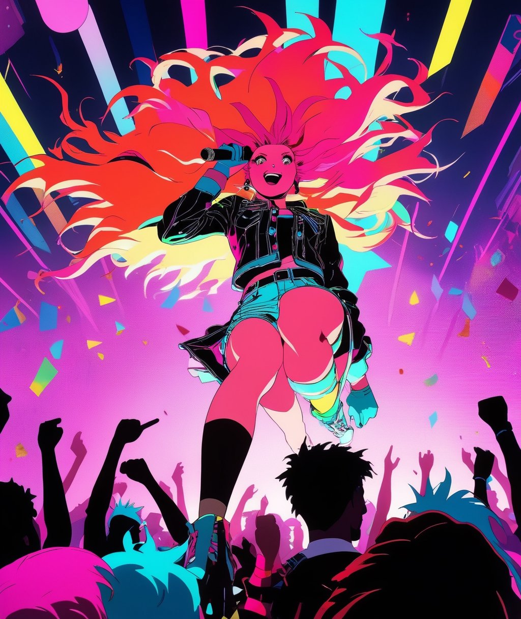 Photograph from below,  taken from the crowd,  full body shot of Jem and the Holograms by NowhereManGo on Tensor.Art