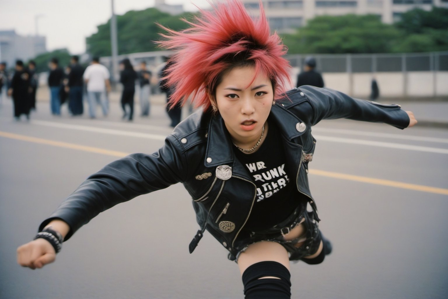 Polaroid of a 20yo Japanese woman dressed in punk clothing and is protesting war,  noon,  natural lighting. action shot by...