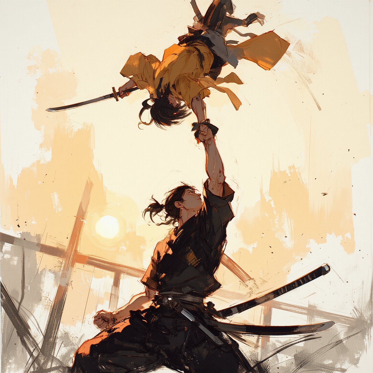 sketch painting. A shot from the ground up. A Samurai lifting his head upward. Above him, a female ninja is attacking. She holds a short dagger, The scene is illuminated by the soft glow of the setting sun