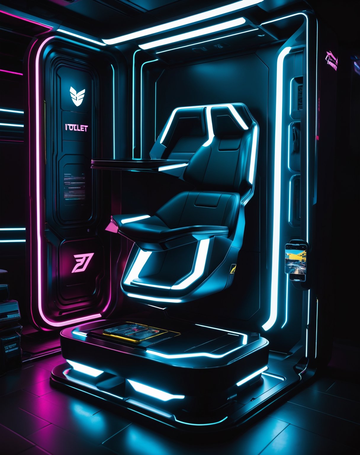 iToilet seat made by apple,  cyberpunk 2077 style,  flat lay photography by NowhereManGo on Tensor.Art