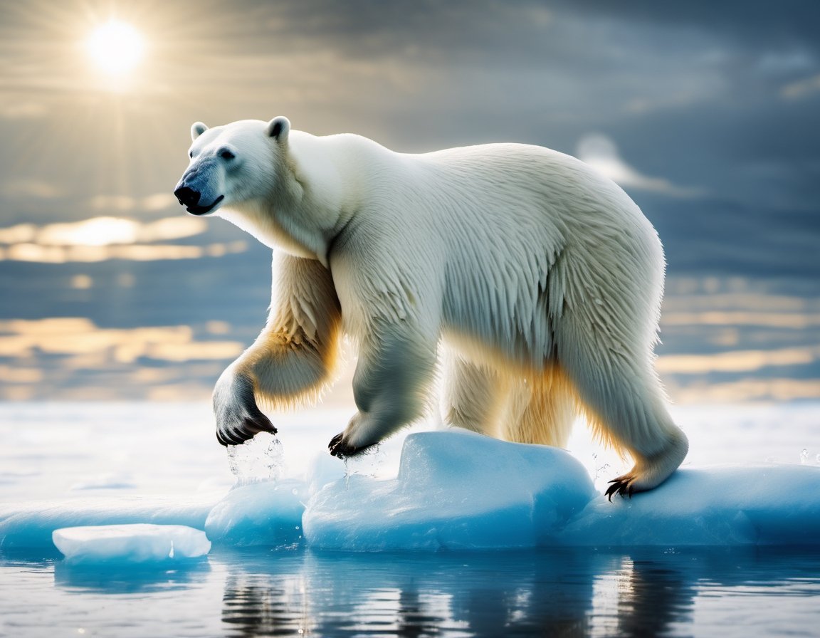 Photo of a polar bear chasing a penguin running across blue polar ice cap, made of water, dripping waterdrops, over bright sun