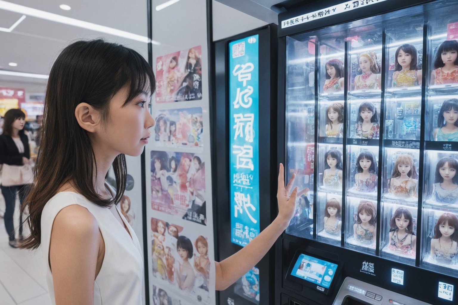 a young Japanese woman being sold from a futuristic, high-tech vending machine. The vending machine is filled with various female figures, each representing a different type of companion.