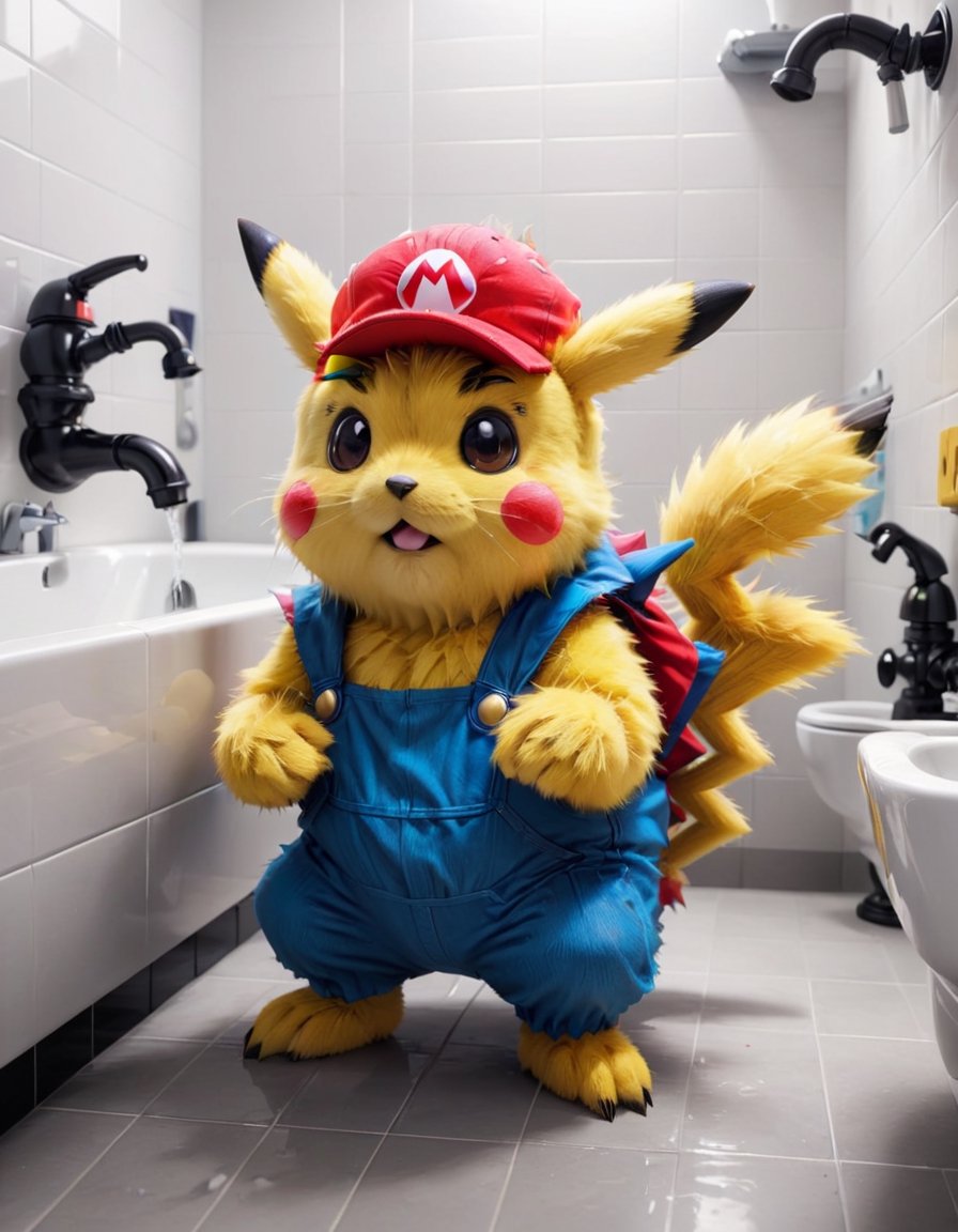 Furry Pikachu dressed as Super mario,  working as a plumber in the bathroom by NowhereManGo on Tensor.Art