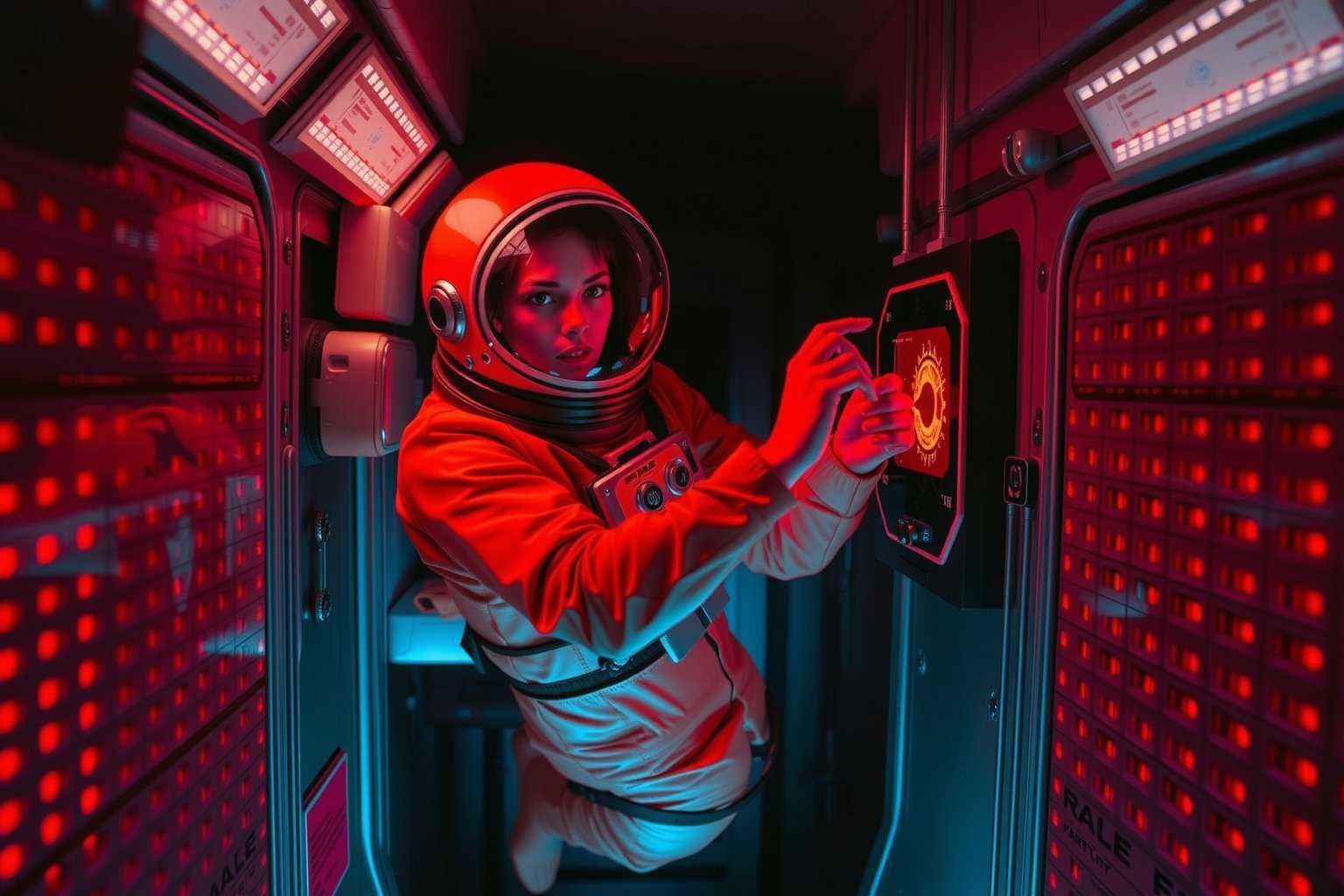 A female astronaut in a futuristic, orange spacesuit is inside a spaceship with a dim, red-lit interior. She is floating in a narrow corridor, carefully removing components from a panel on the wall. The panel displays a glowing red eye, reminiscent of HAL 9000. The scene is tense, with the astronaut's expression showing determination as she works to disable the system. The background features the same gridded, red light pattern that reflects the cold, mechanical atmosphere of the spacecraft.