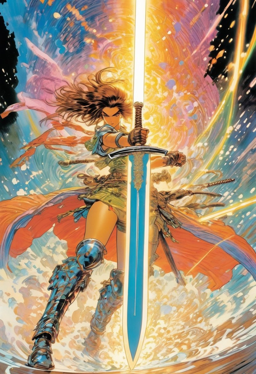 Anime artwork. Girl pull a giant sword from the ground, rainbow-colored energy swirling around her, art by Masamune Shirow, art by J.C. Leyendecker