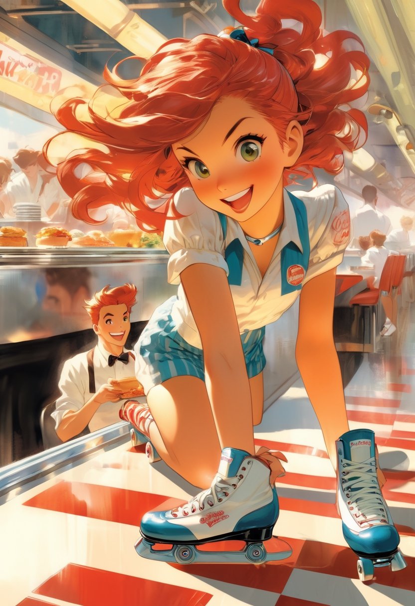 Anime Artwork,  Waitress,  red hair by NowhereManGo on Tensor.Art