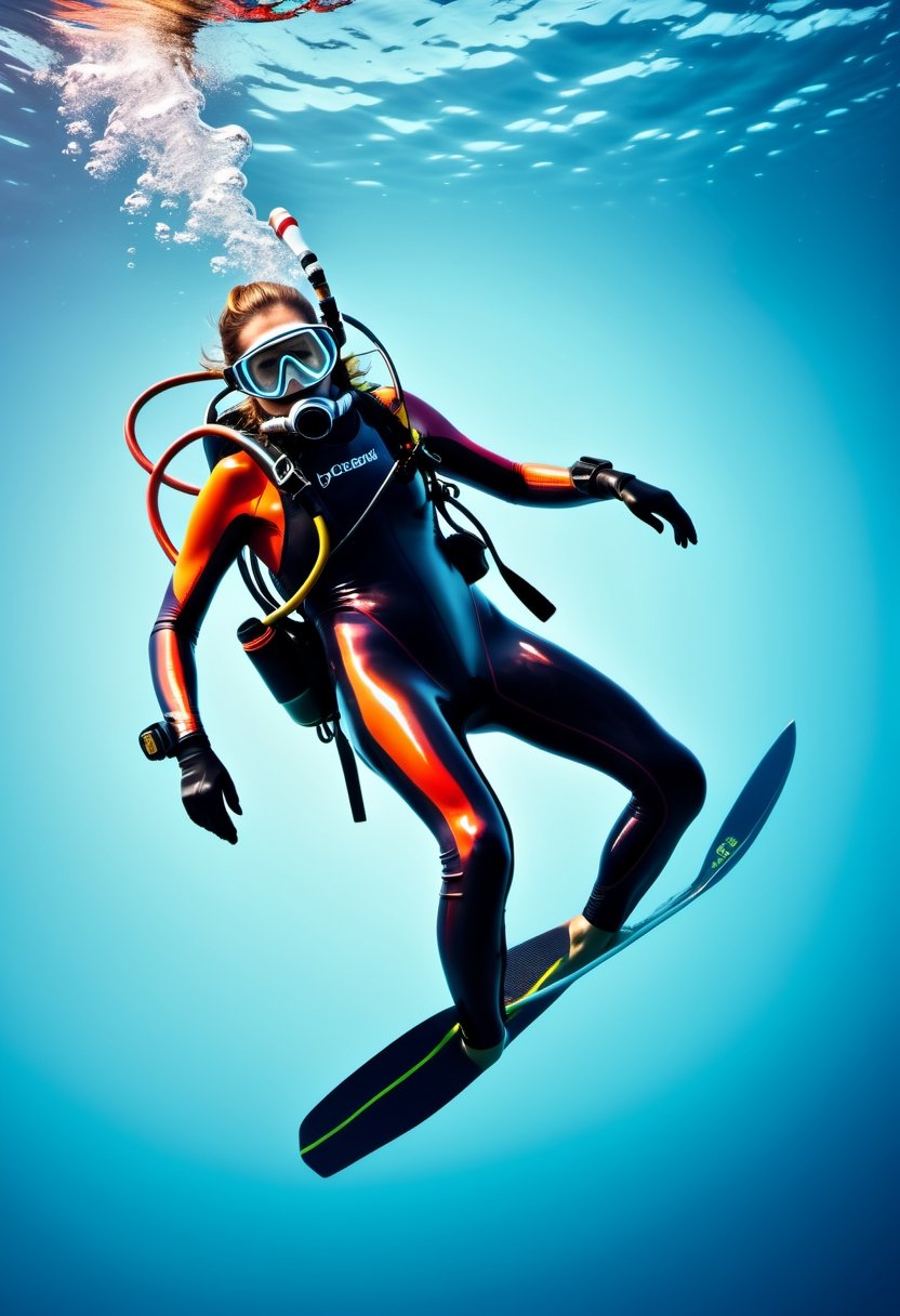 cinematic photo thin,  fine fractal glossy vivid colored ink sketch shiny contours outlines of a female naked scuba diver...