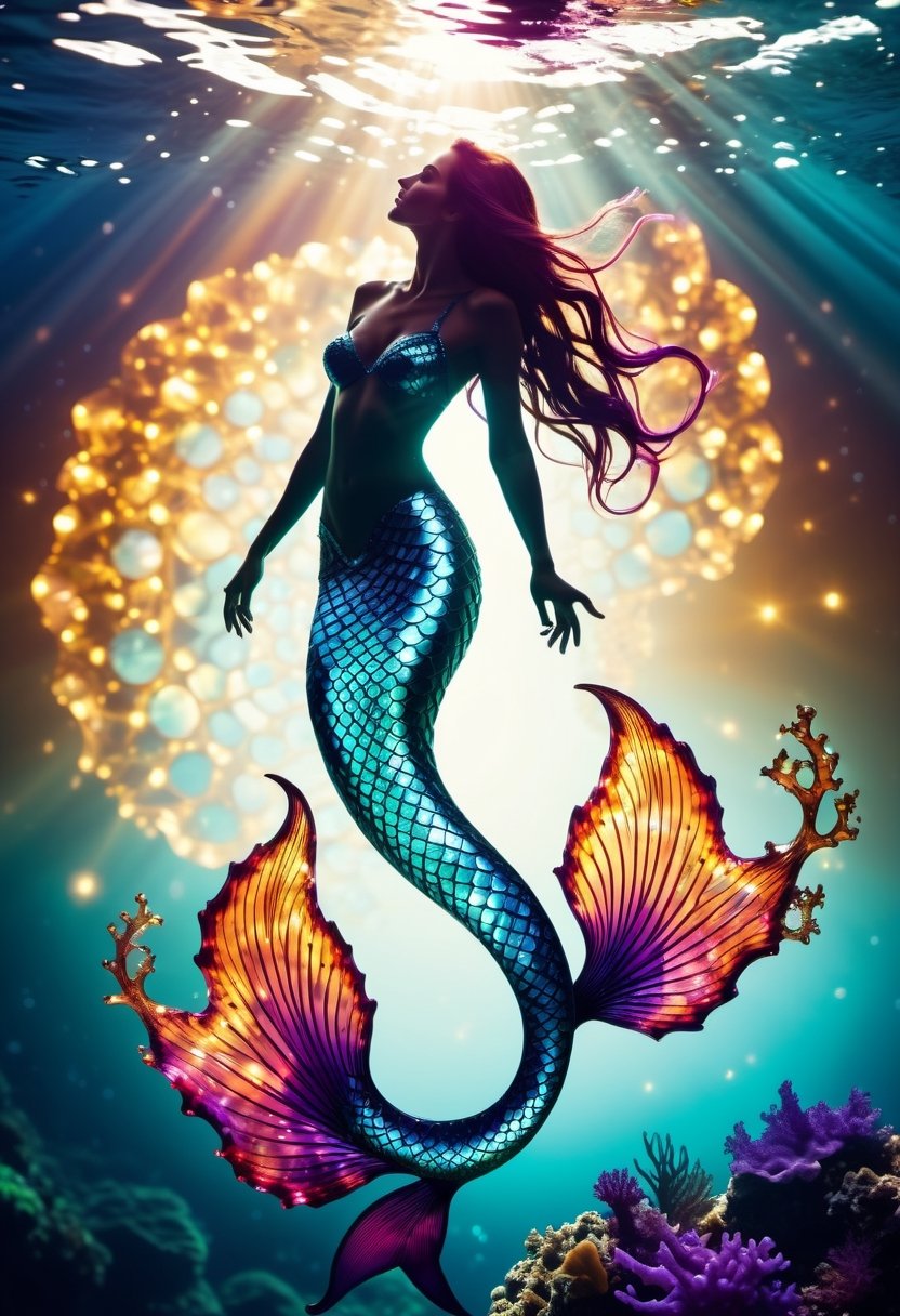 cinematic photo thin,  fine fractal glossy vivid colored ink sketch shiny contours outlines of a mermaid silhouette . 35mm...