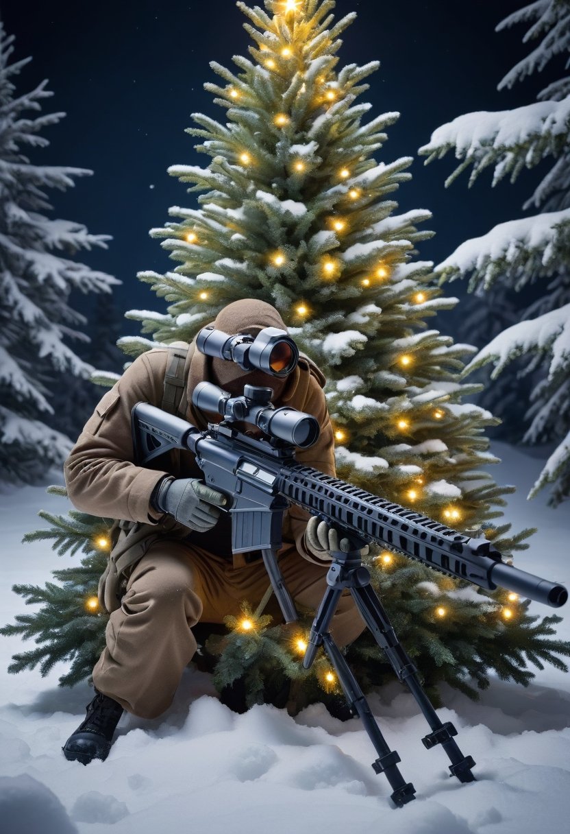 A sniper made of Christmas tree with LED light,  hiding in the snow,  night scene by NowhereManGo on Tensor.Art