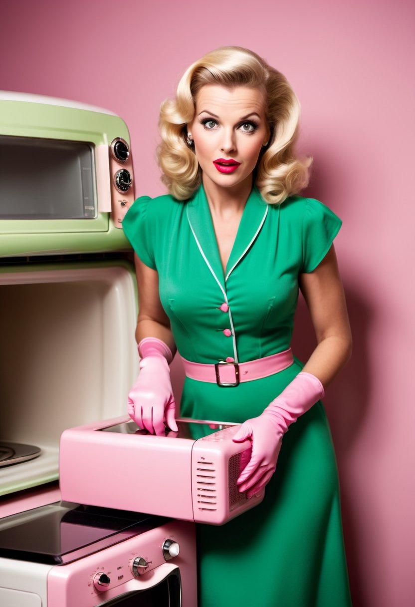 Photo shoot of a blonde housewife,  wearing pink gloves,  green dresses by NowhereManGo on Tensor.Art