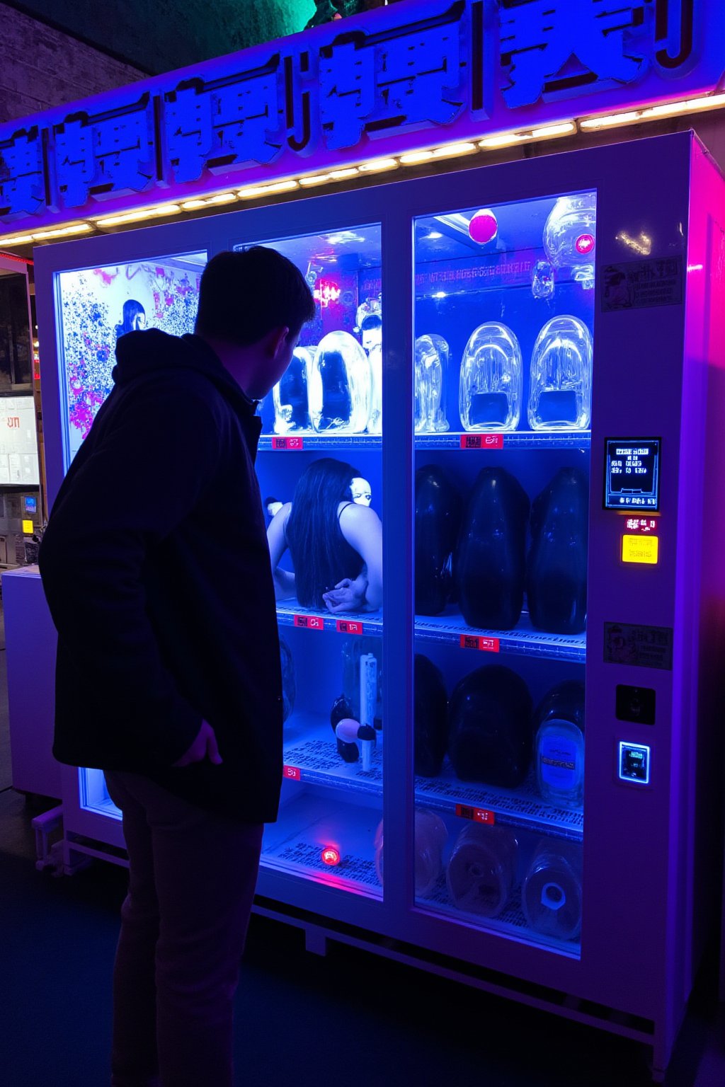 Photo of a man looking at a futuristic, high-tech vending machine in a neon-lit city, selling Japanese women as companions. All these women have long black hair, wearing a black little dress standing inside one of the vending machine's display compartments, staring. The machine features glowing buttons, digital price tags, and a holographic interface. Bright neon lights reflect off the glass, creating a provocative, dystopian atmosphere. High contrast, cinematic lighting, cyberpunk aesthetics, close-up view, vibrant neon colors.
