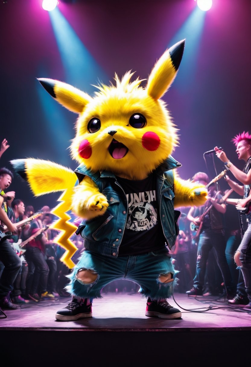 Photograph from below, taken from the crowd, full body shot of Fluffy Pikachu as a punk with Mohawk hair, performing on stage, Spotlights and bright colorful music show lights, silhouetted crowd of people around the photographer, Pikachu singing on a mic, and band mates in the background playing their instruments, 80s/90s aesthethic, cyberpunk style, cyberwear, extreme upward angle,