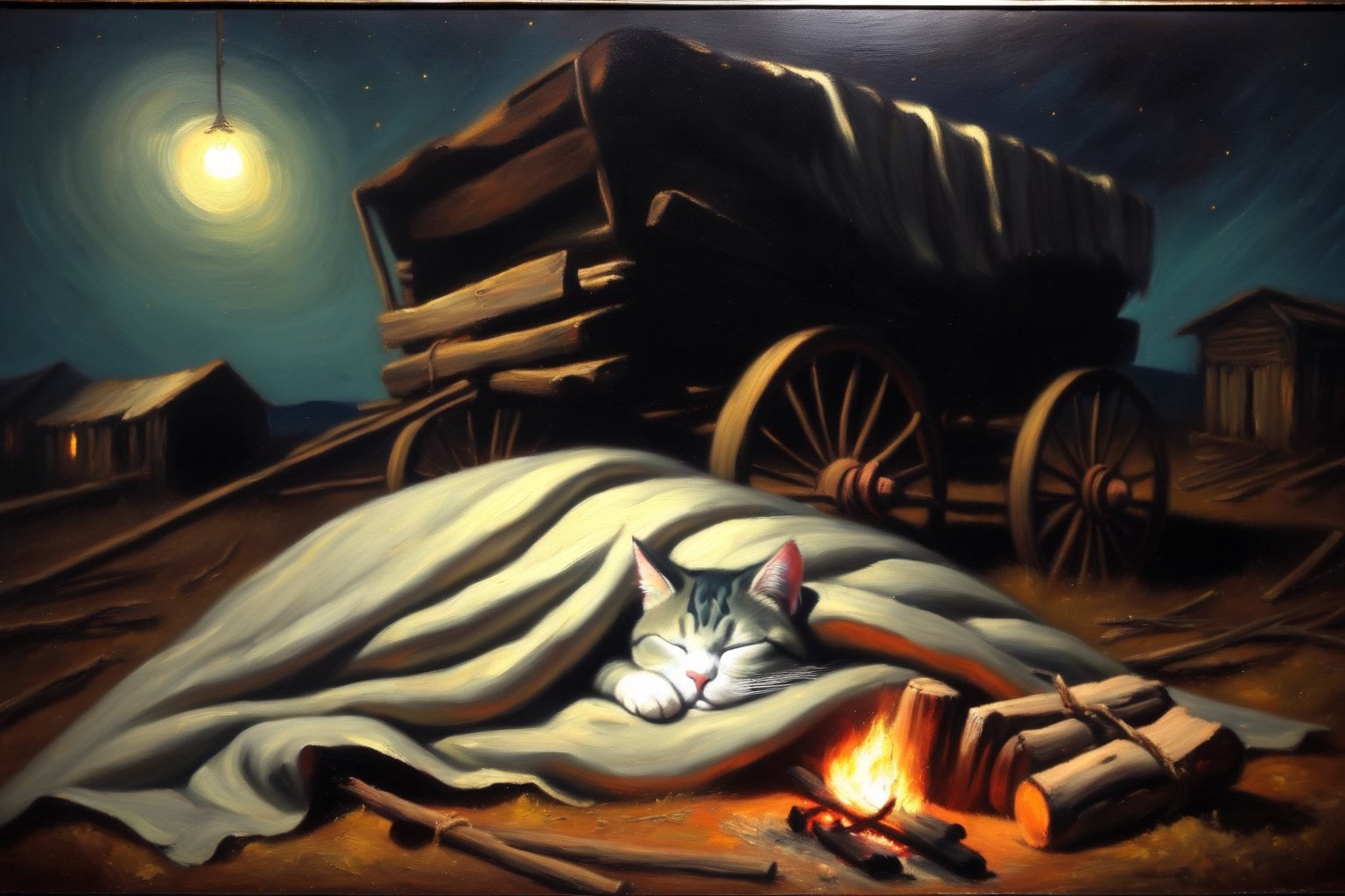 Oil painting. sleeping cat, napping under a blanket, eyes closed, night scene, beside a bonfire and an abandoned wagon, old west,painting