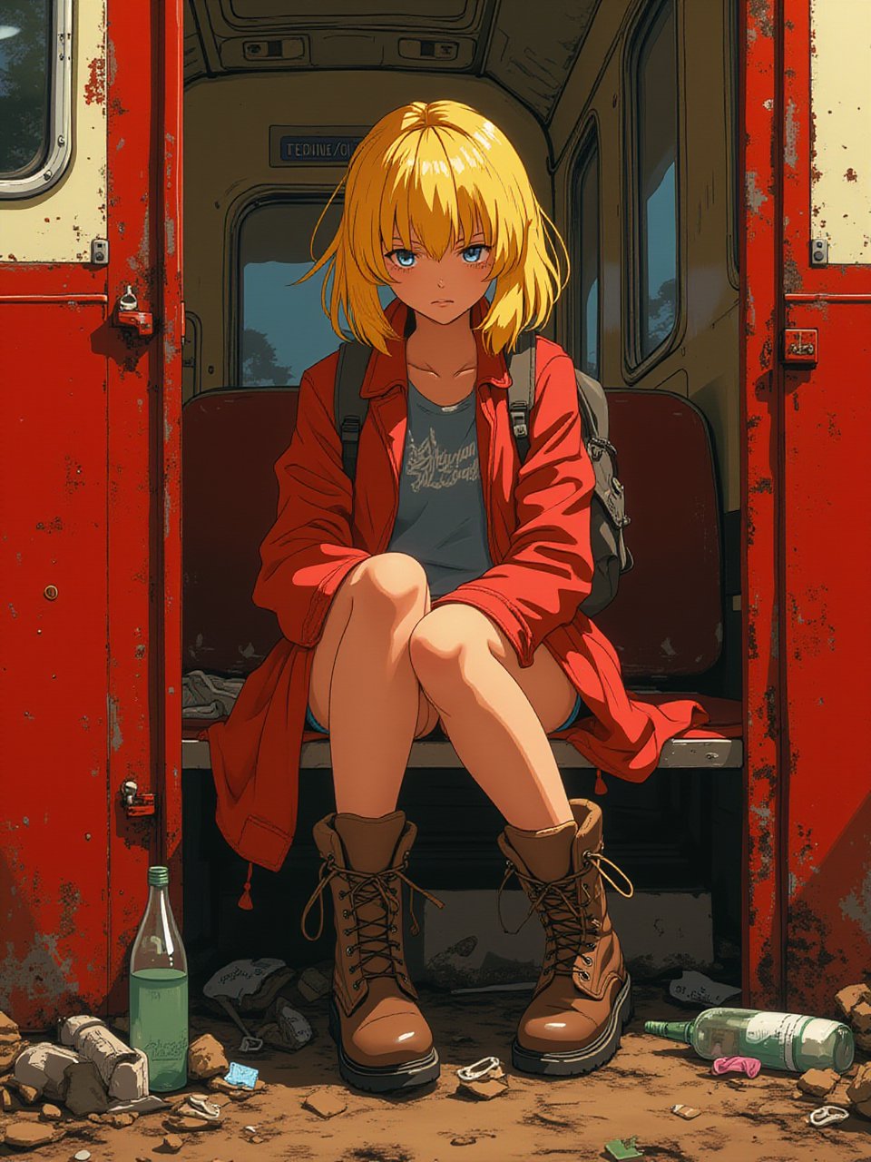 Anime style art by J.C. Leyendecker. Photo Close up of a blonde girl,  sitting on train,  red interior by NowhereManGo on...
