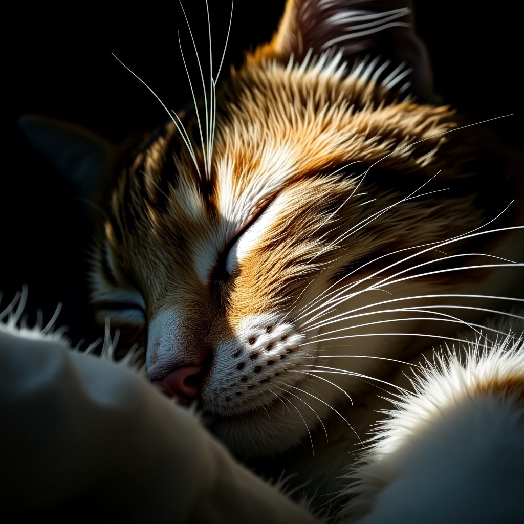 A close-up view of a peacefully sleeping cat, its soft fur gently rising and falling with each breath. Half of its face is bathed in soft light, highlighting the delicate whiskers and closed eye, while the other part of its head fades into the shadows, creating a serene contrast. The texture of its fur appears smooth and slightly tousled, with the subtle shadow play adding depth and tranquility to the scene. The overall atmosphere feels calm, intimate, and soothing, capturing the quiet moment of the cat's restful slumber.