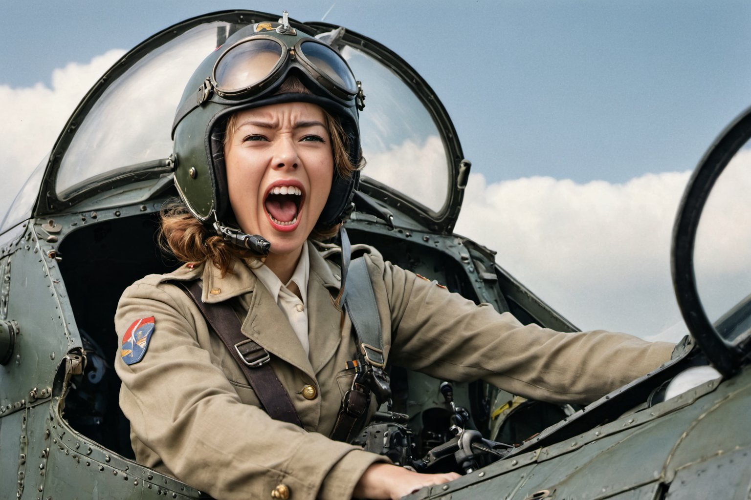 Photo,  Female pilot,  screaming,  inside cockpit,  ww2,  canon 5d mark 4, Kodak ektar, style by Masamune Shirow, style by J.C. Leyendecker. ra-exposure