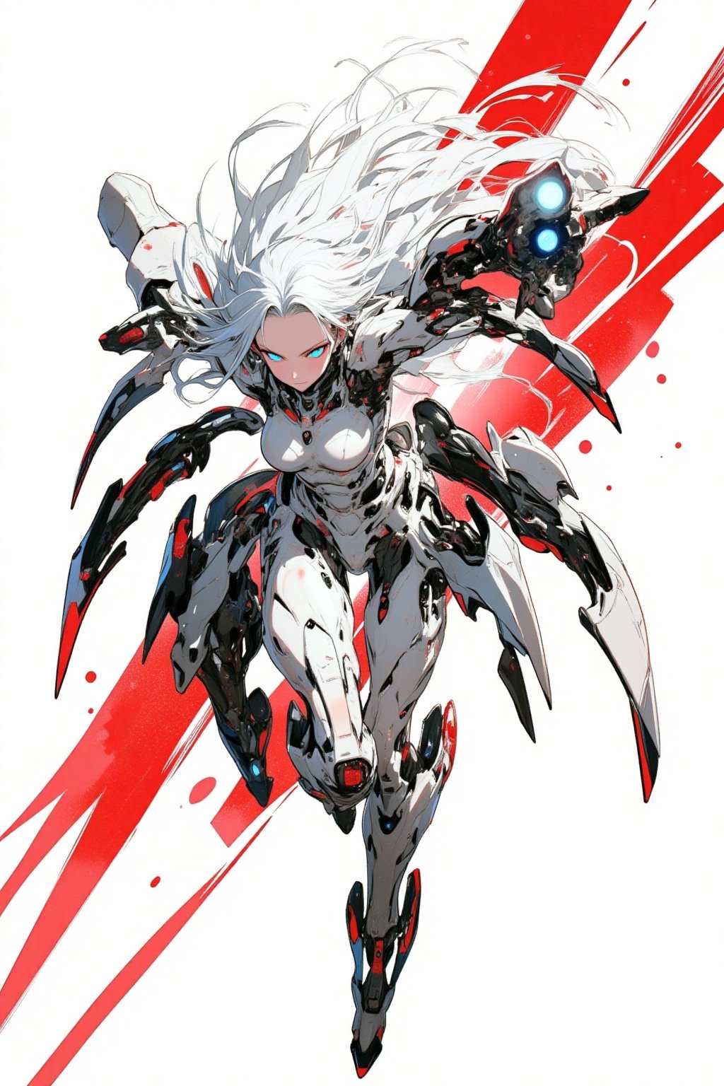 Sketch painting. Anime style. Overhead shot of a cybernetic woman punching downward with her fist.  She has long white hair flowing behind her. She is equipped with intricate, robotic armor and mechanical enhancements, particularly on her very muscular cybernetic arms. The character has glowing, intense blue eyes, and her expression is focused and determined as she leaps forward in a powerful action pose. The armor is detailed with a white and black color scheme, adorned with red accents and industrial-like patterns. The background is minimalist with a striking red stripe and white backdrop, giving the image a sleek, sci-fi aesthetic. The overall style is high-tech, cyberpunk, and action-packed, with influences of mecha and futuristic design.