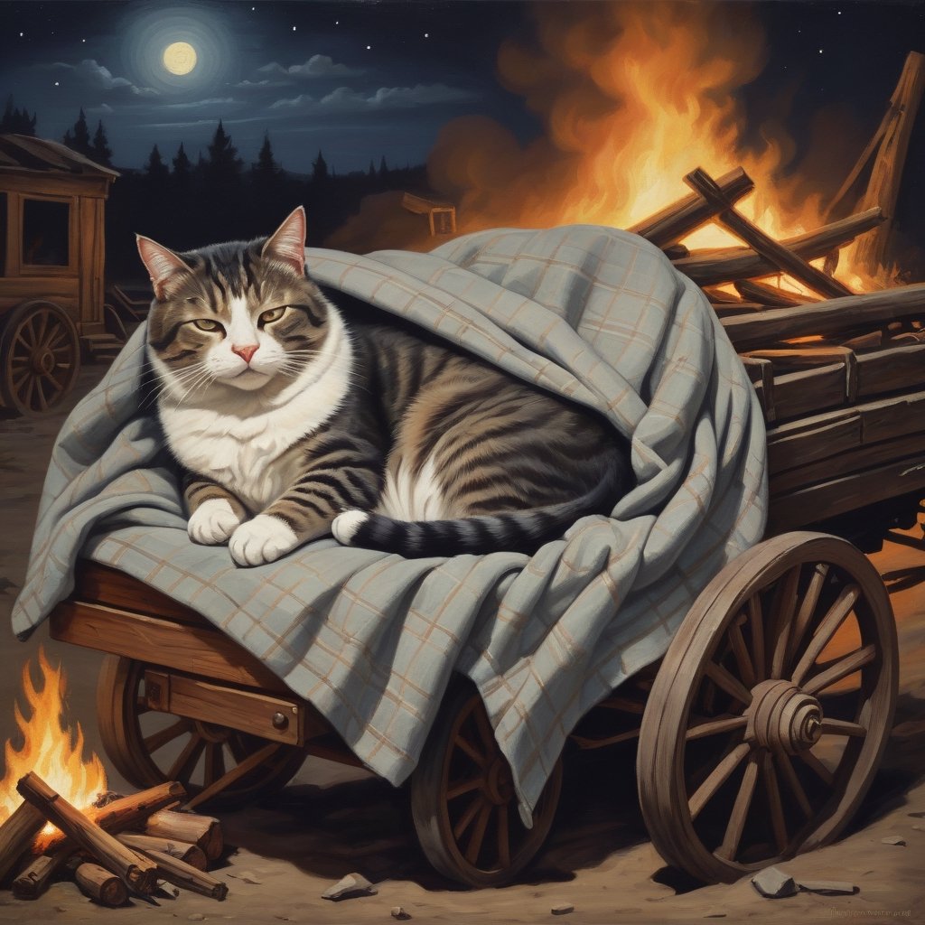 Oil painting. sleeping cat, napping under a blanket, eyes closed, night scene, beside a bonfire and an abandoned wagon, old west