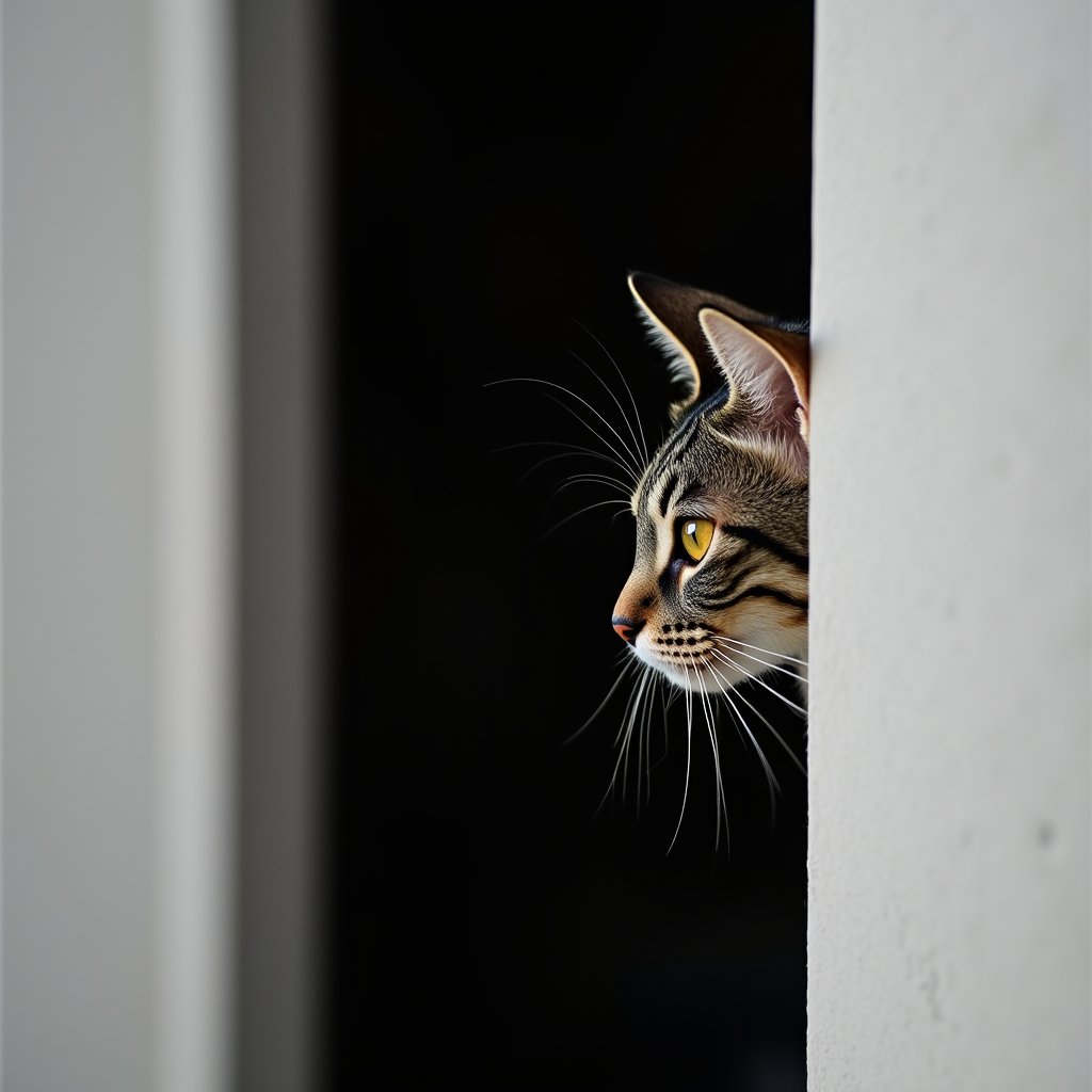 A sleek profile of a curious cat peeks out from behind a stark white wall, its delicate whiskers twitching in the air. The background is completely black, creating a strong contrast that highlights the subtle textures of the cat's fur and the sharpness of its gaze. Only half of the cat's face is visible, with one eye intensely focused forward, shining brightly against the darkness. The simplicity of the composition draws all attention to the cat's inquisitive expression, creating an atmosphere of quiet mystery and curiosity.