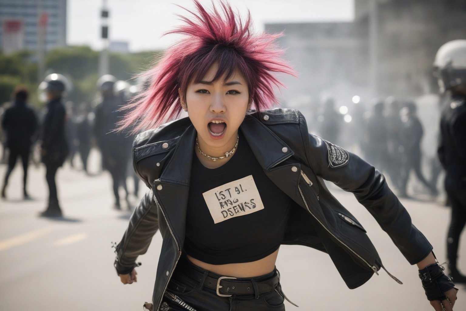 Polaroid of a 20yo Japanese woman dressed in punk clothing and is protesting war,  noon,  natural lighting. action shot by...