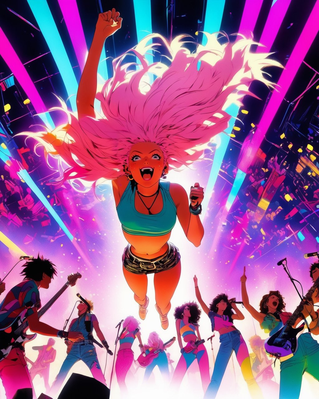 Photograph from below,  taken from the crowd,  full body shot of Jem and the Holograms by NowhereManGo on Tensor.Art