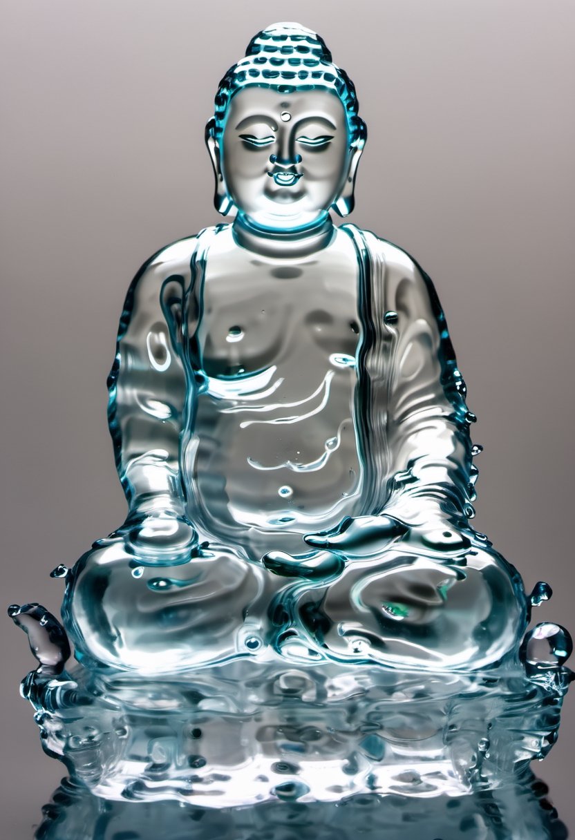 Photo of a glass statue of buddah made of water, transparent