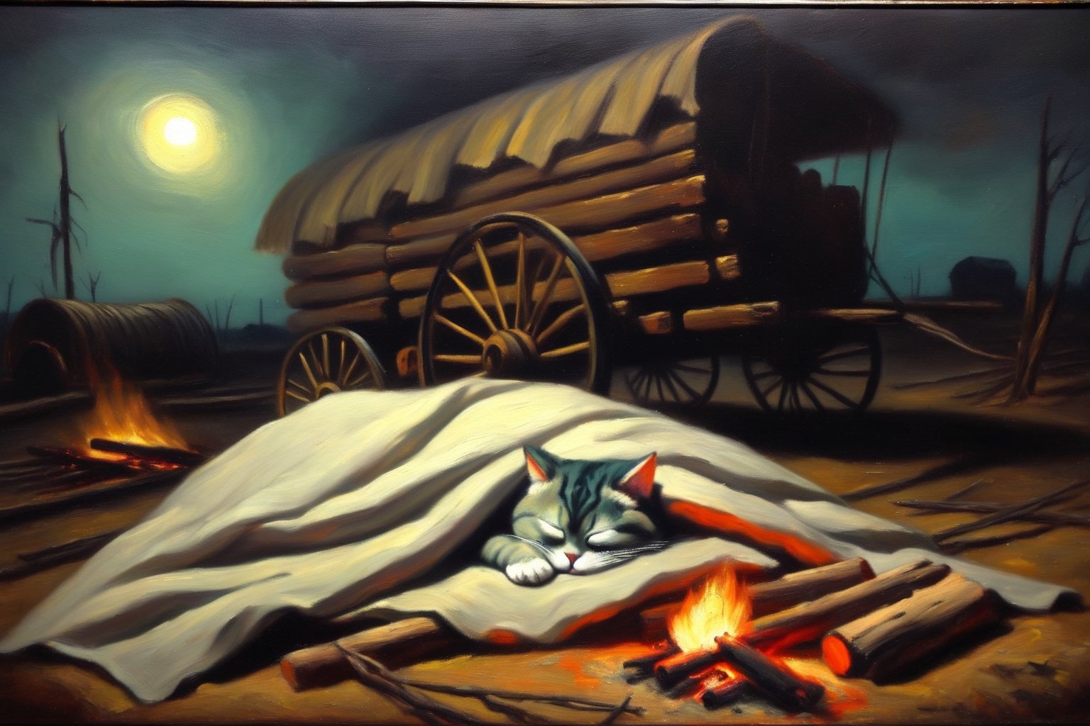 Oil painting. sleeping cat, napping under a blanket, eyes closed, night scene, beside a bonfire and an abandoned wagon, old west,painting