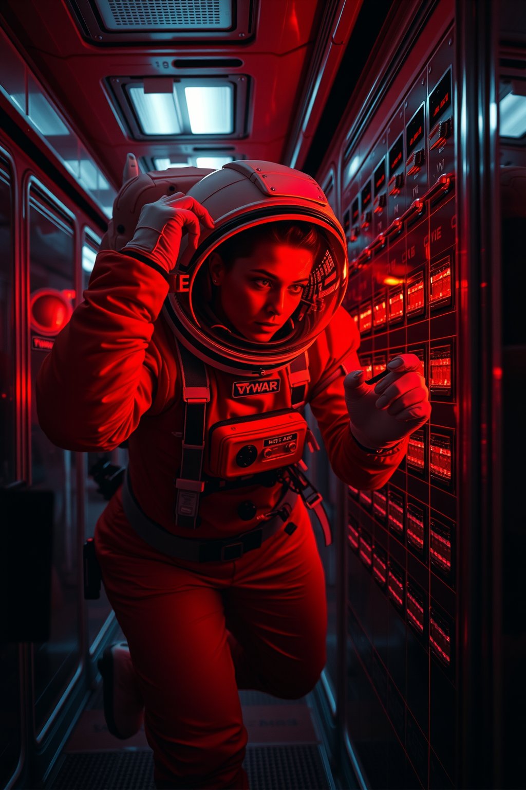 A female astronaut in an orange spacesuit is floating inside a dimly lit spaceship. She is carefully removing rectangular components from a wall panel filled with glowing lights, each piece sliding out one by one. The corridor is bathed in a red glow, with reflections of light creating a tense atmosphere. The astronaut's face is partially visible through her helmet, showing focus and determination as she works to disable the system. The background features the same iconic grid pattern, emphasizing the cold, mechanical nature of the environment."