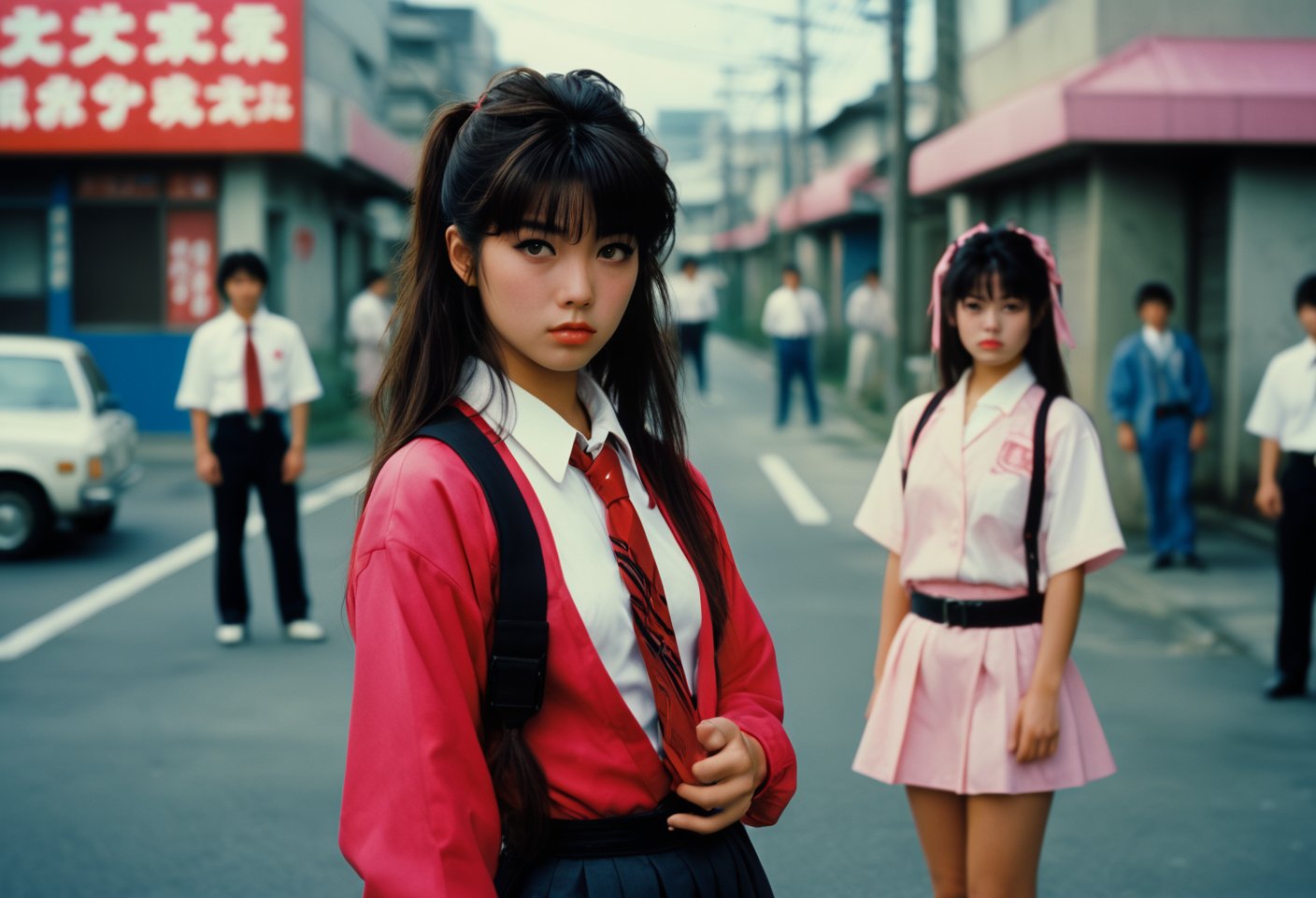  A cinematic film still of Sukeban Deka, Yoyo girl detective, 80s Japanese Drama. Style by Masamune Shirow. Canon 5d Mark 4, Kodak Ektar, 35mm 