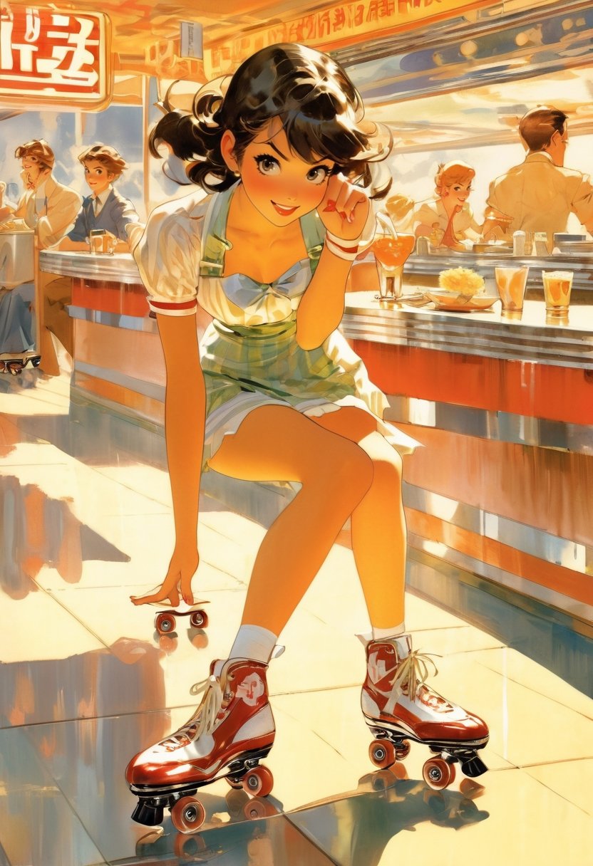 Anime Artwork,  Waitress,  roller skate by NowhereManGo on Tensor.Art