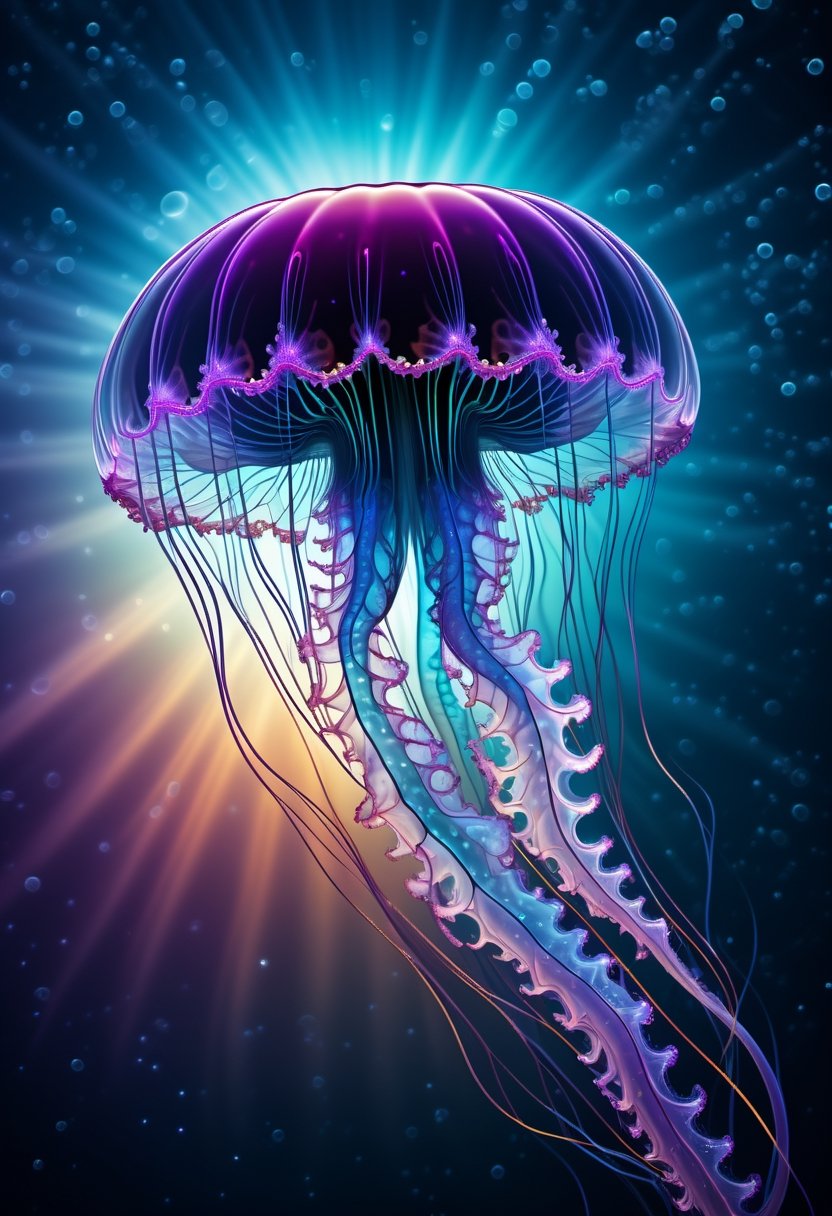 cinematic photo thin,  fine fractal glossy vivid colored ink sketch shiny contours outlines of a jellyfish silhouette . 35...