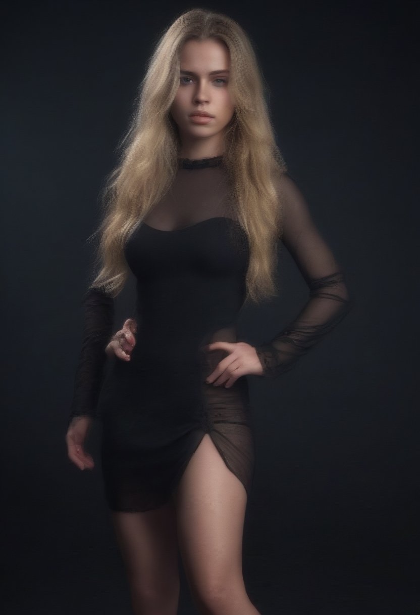 dark shot, full body photo of a hot 24 y.o woman, perfect eyes, natural skin, skin moles, looks at viewer, cinematic shot, german, wearing black dress, blonde, (long hair:1.2), messy hair, voluminous hair, thick muscular body