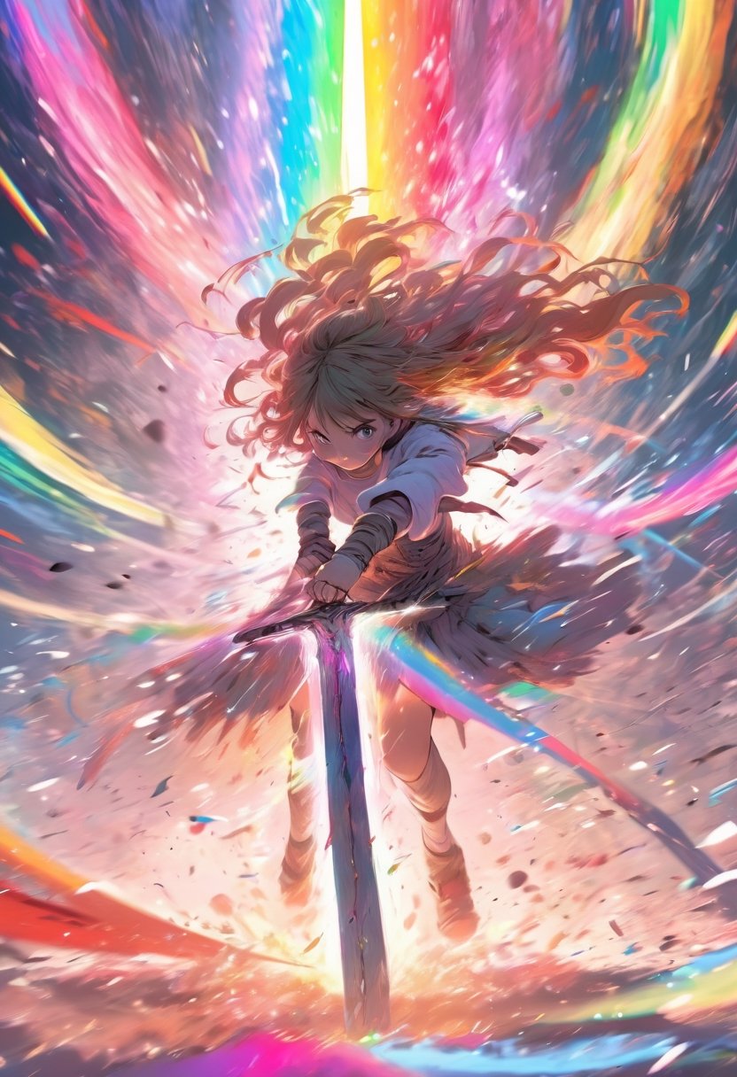 Anime artwork. Girl pull a giant sword from the ground, rainbow-colored energy swirling around her