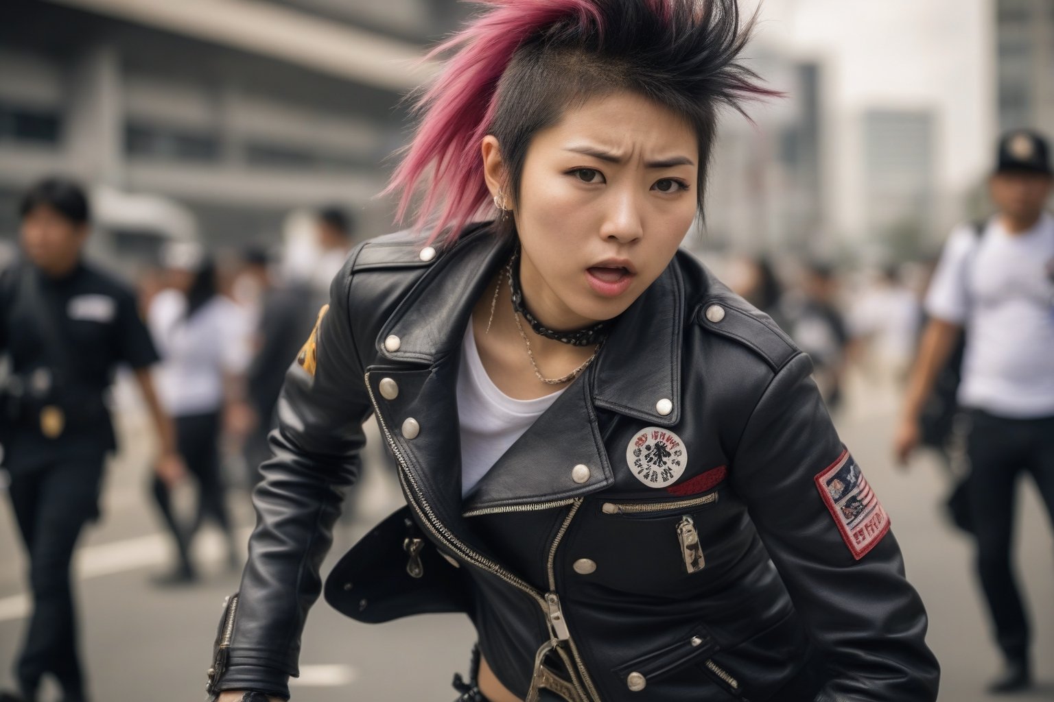 Polaroid of a 20yo Japanese woman dressed in punk clothing and is protesting war,  noon,  natural lighting. action shot by...