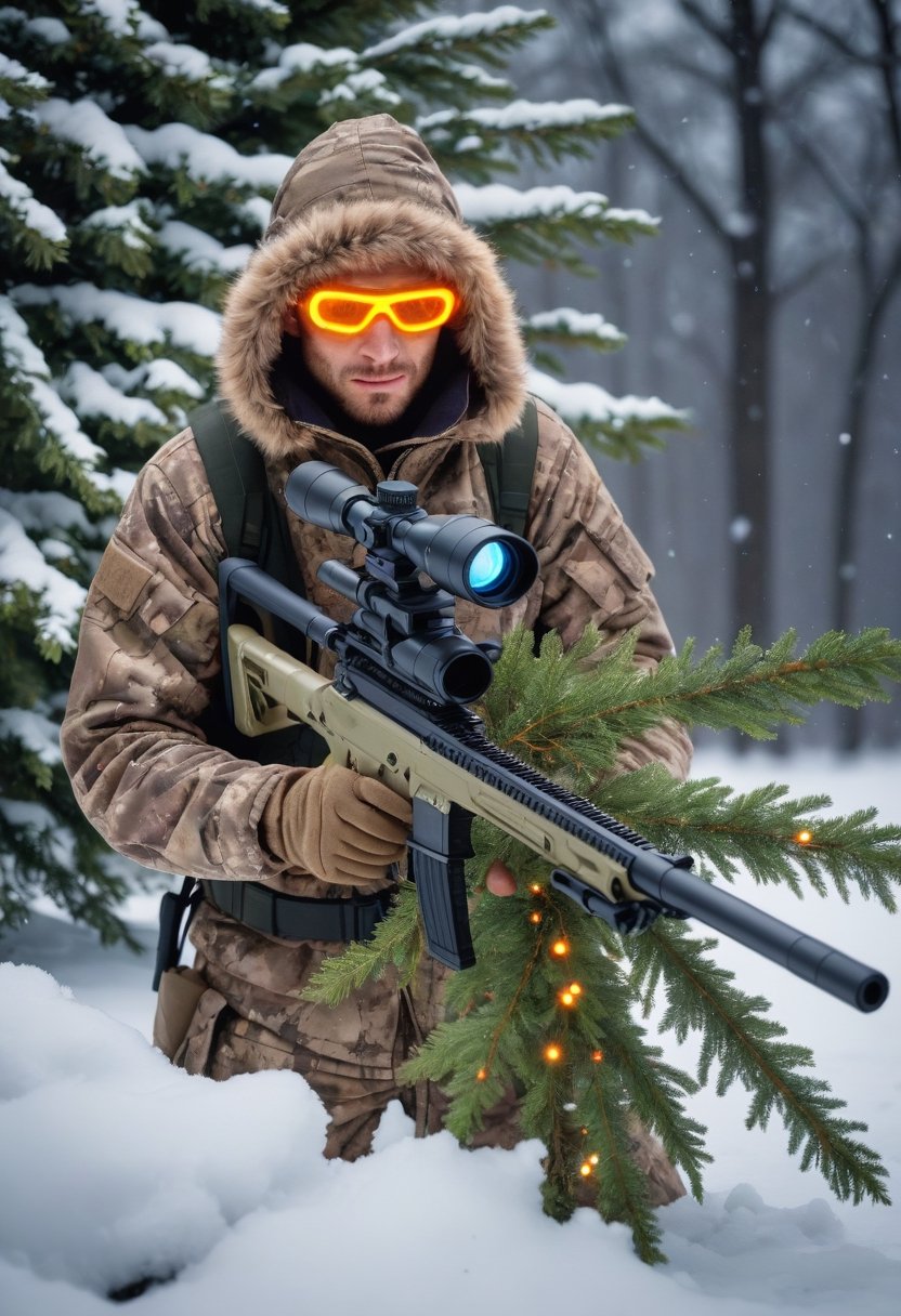 A snipper wearing christmas tree with led light as camouflash,  hidding in the snow by NowhereManGo on Tensor.Art