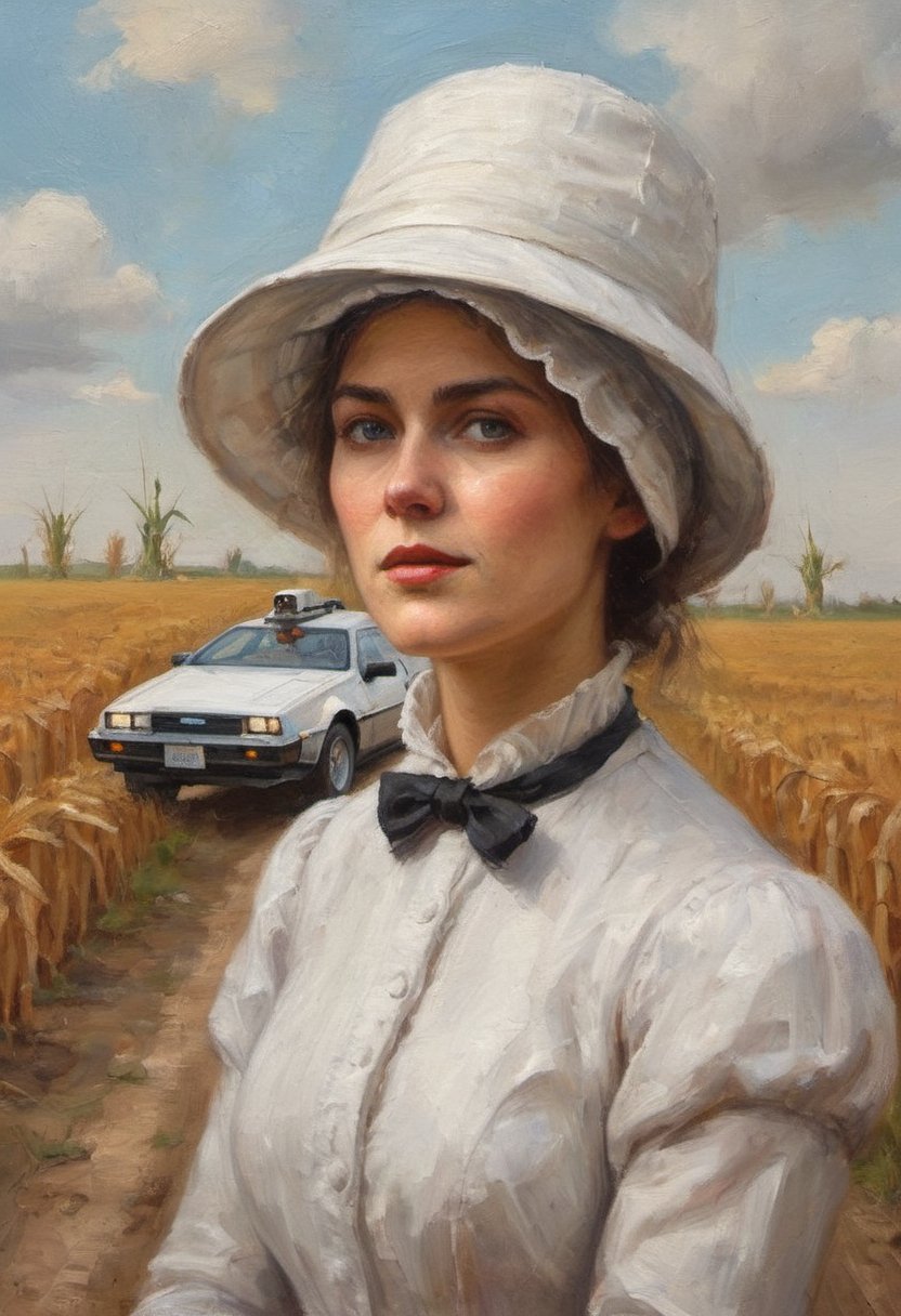 oil painting head and shoulders portrait of a 19th century woman, dress in white, bonnet, behind a Delorean from Back to the Future on a dirt road beside a corn field.