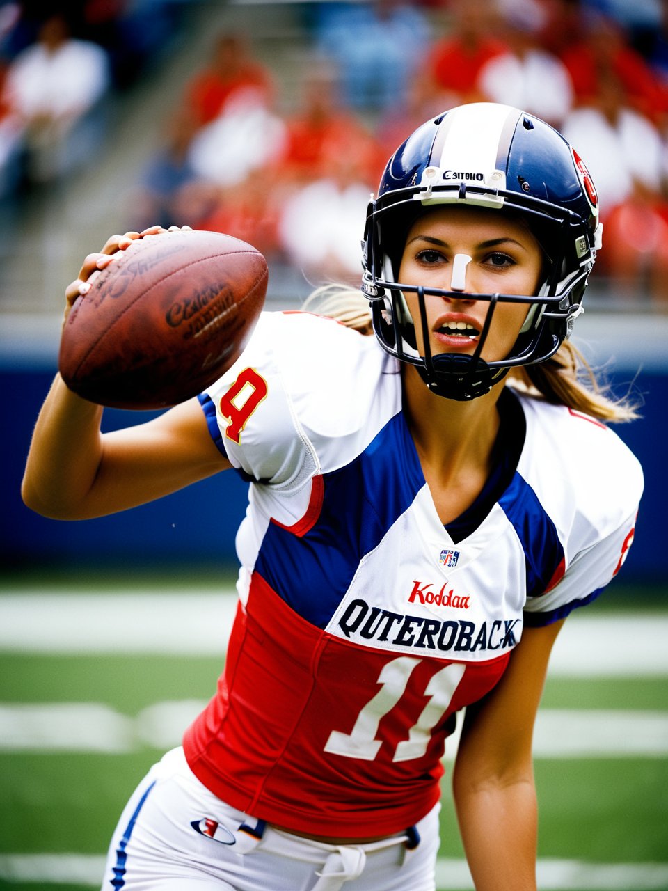 Dutch angle. Photo, Closeup of female quarterback throwing a football, showing midriff. Canon 5d mark 4, Kodak ektar, style by J.C. Leyendecker