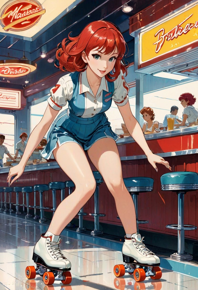 Waitress,  red head,  roller skating by NowhereManGo on Tensor.Art