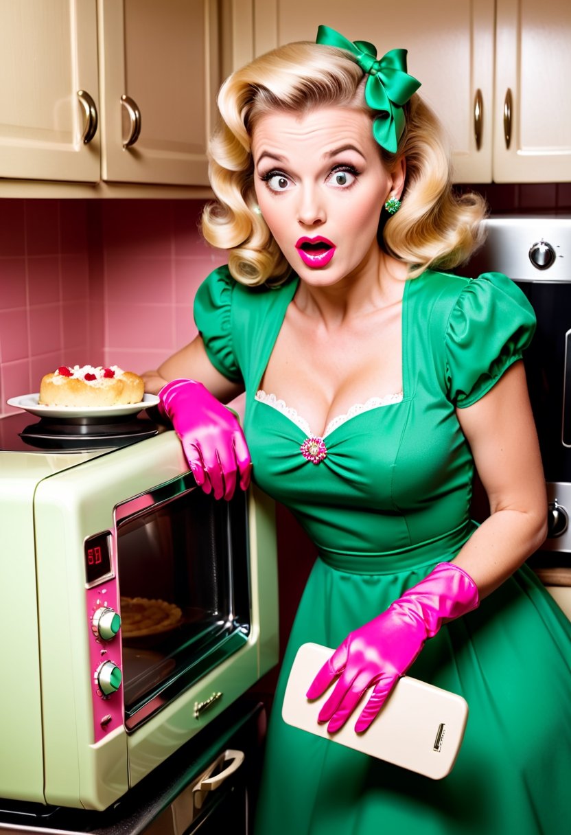Photo shoot of a Blonde housewife,  wearing pink gloves,  green dresses by NowhereManGo on Tensor.Art