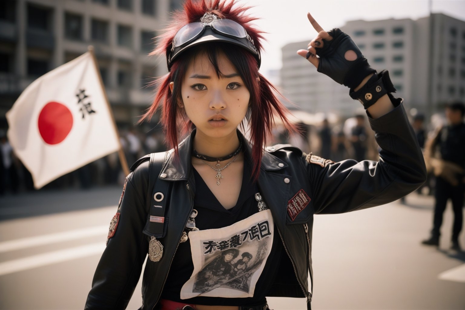 Polaroid of a 20yo Japanese woman dressed in punk clothing and is protesting war,  noon,  natural lighting. action shot by...