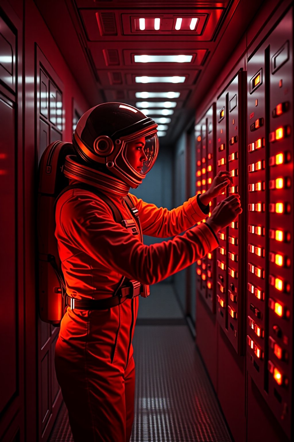 A female astronaut in an orange spacesuit is floating inside a dimly lit spaceship. She is carefully removing rectangular components from a wall panel filled with glowing lights, each piece sliding out one by one. The corridor is bathed in a red glow, with reflections of light creating a tense atmosphere. The astronaut's face is partially visible through her helmet, showing focus and determination as she works to disable the system. The background features the same iconic grid pattern, emphasizing the cold, mechanical nature of the environment."